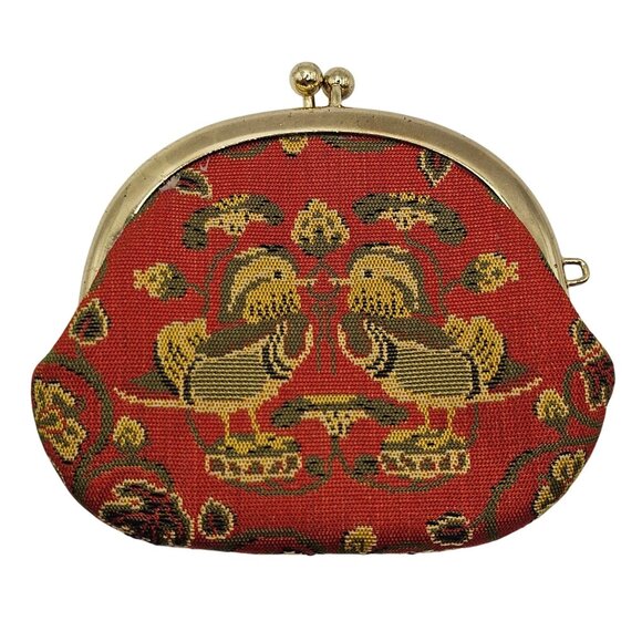 VTG Cloth Gold Tone Metal Clasp Duck Floral Tapestry Coin Purse Accessory Bag - Picture 1 of 10